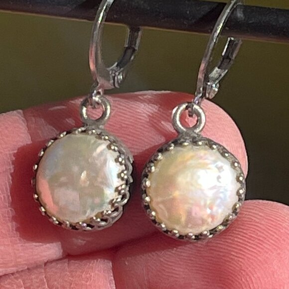 White Pearl Dangle Earrings, Coin Pearl Earrings, Wedding Jewelry - Picture 7 of 11